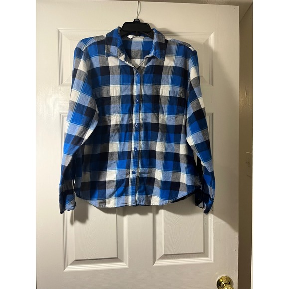 Riders by Lee Tops - Riders by Lee Womens Blue Black White Plaid Long Sleeve Flannel Shirt Size XL